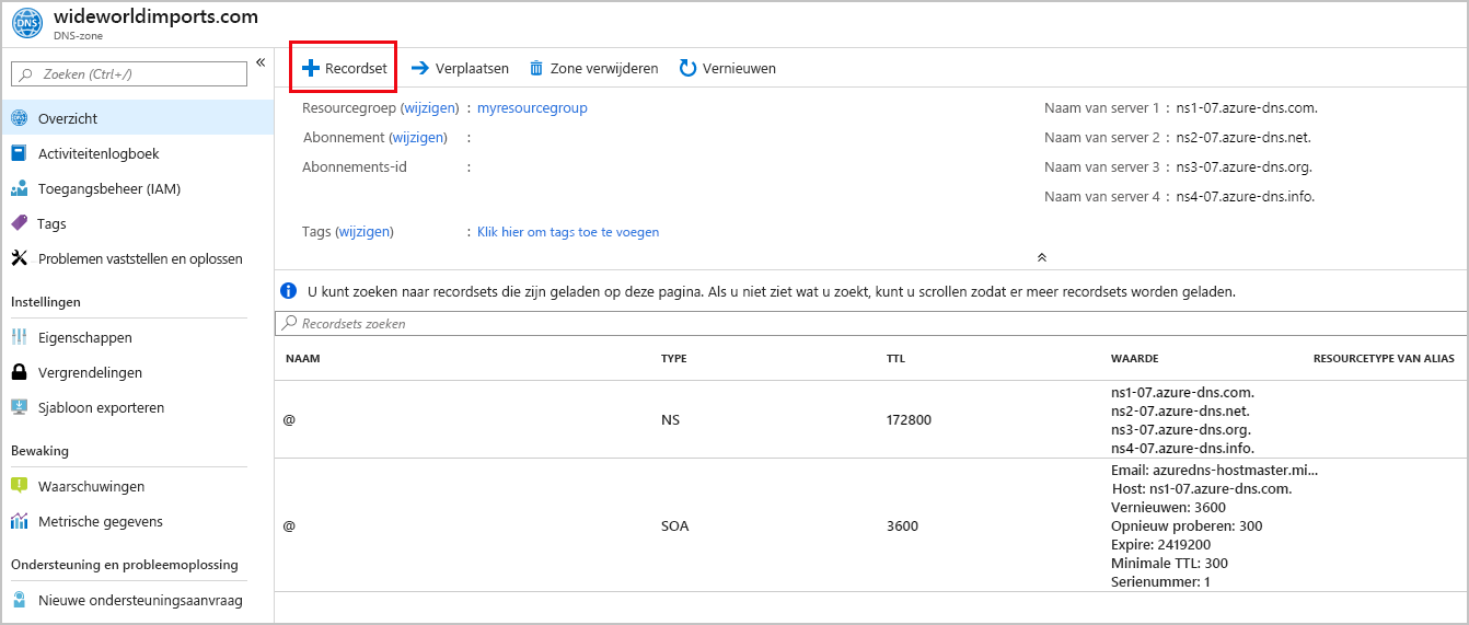 Schermopname van het toevoegen van een recordset.