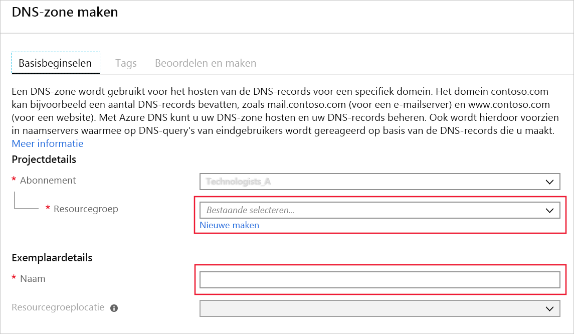 Schermopname van de pagina DNS-zone maken.