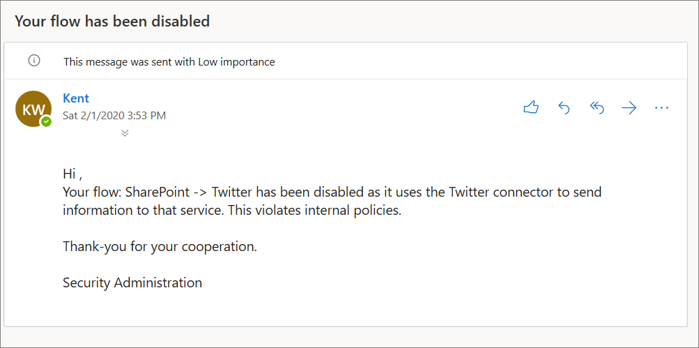 Screenshot of email with the subject Your flow has been disabled, and the message "Your flow: SharePoint > Twitter has been disabled, et cetera".