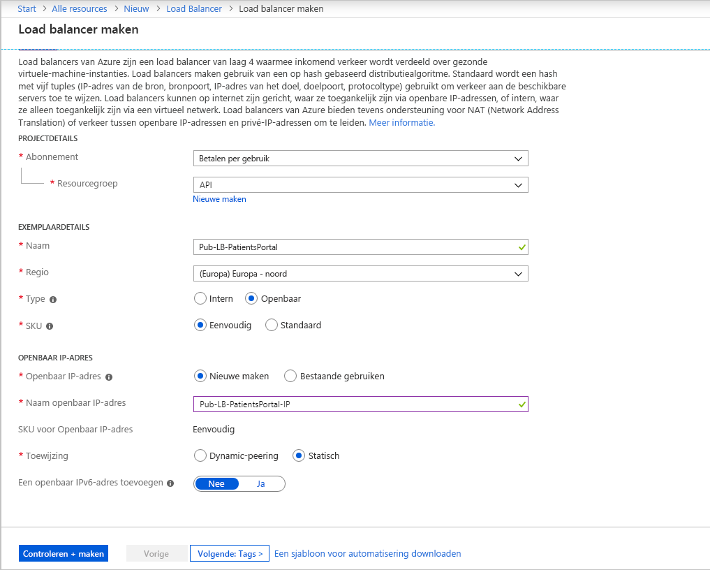 Schermopname van het tabblad Basisbeginselen van het scherm Een load balancer maken in Azure Portal.