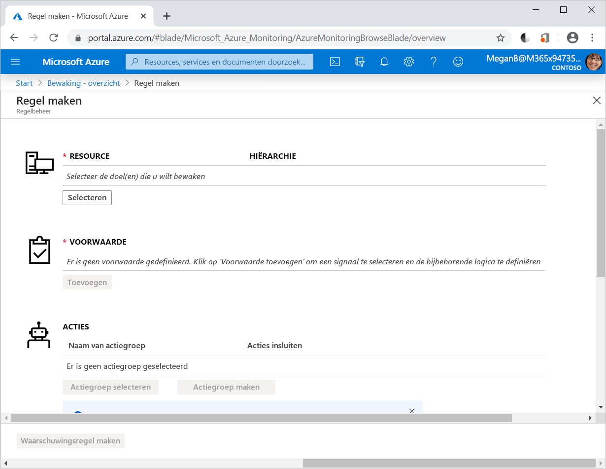 Schermopname van de pagina Regel maken in azure Monitor Portal.