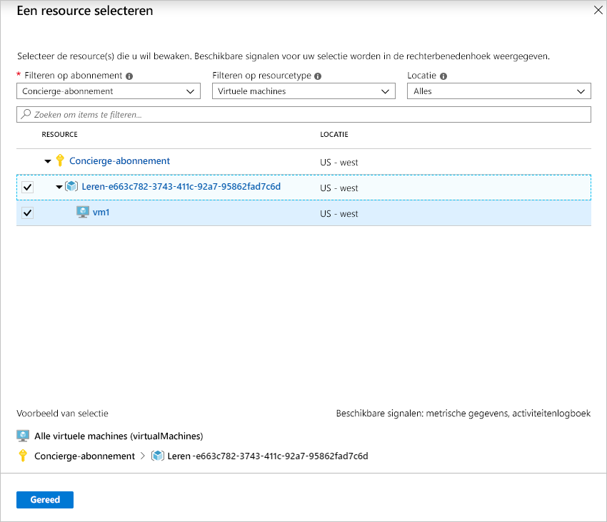 Schermopname van het deelvenster Een bereik selecteren met de sandbox-resourcegroep geselecteerd.