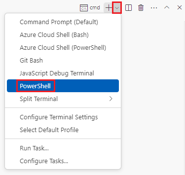 Schermopname van het Visual Studio Code-terminalvenster, met de vervolgkeuzelijst terminalshell weergegeven en PowerShell geselecteerd.