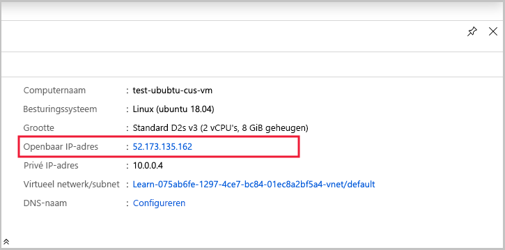 Schermopname van vm-essentials en -eigenschappen met het openbare IP-adres gemarkeerd.