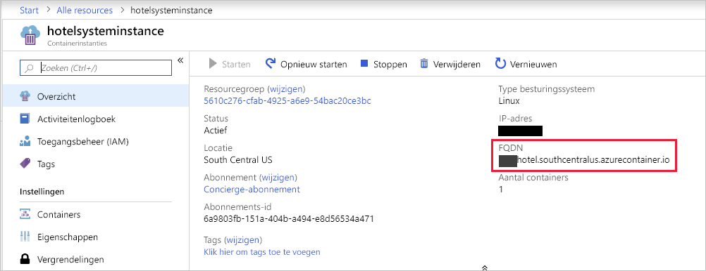 Schermopname met het deelvenster Nieuw in Azure Portal waarop de containereigenschappen te zien zijn met de FQDN gemarkeerd.