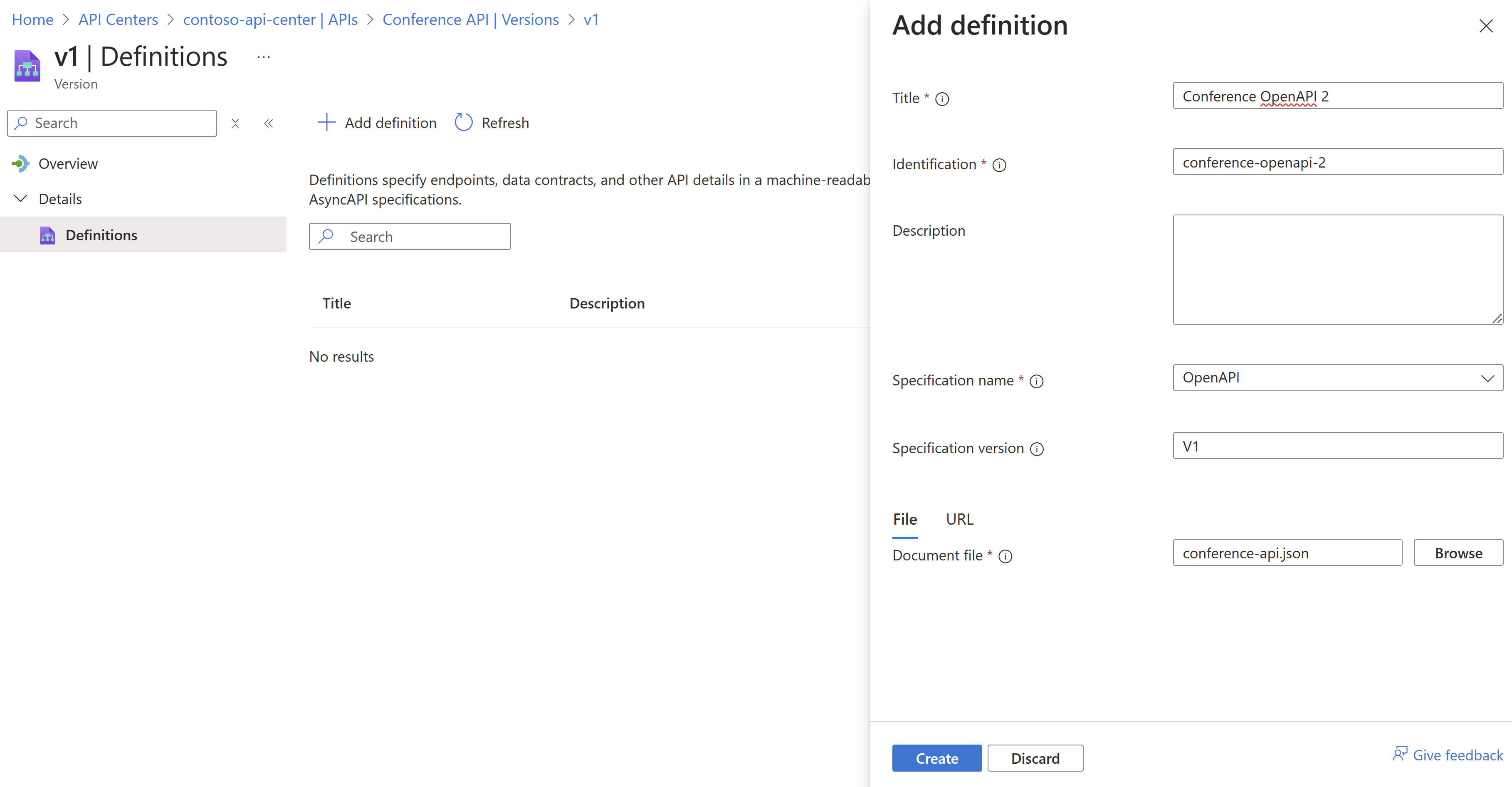 Schermopname van de stappen voor het toevoegen van een API-definitie in Azure Portal