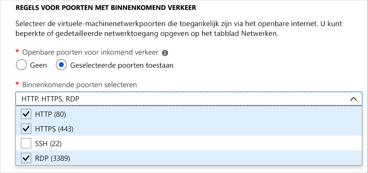 Schermopname van de sectie met regels voor inkomende poorten waarin HTTP, HTTPS en RDP zijn geselecteerd.