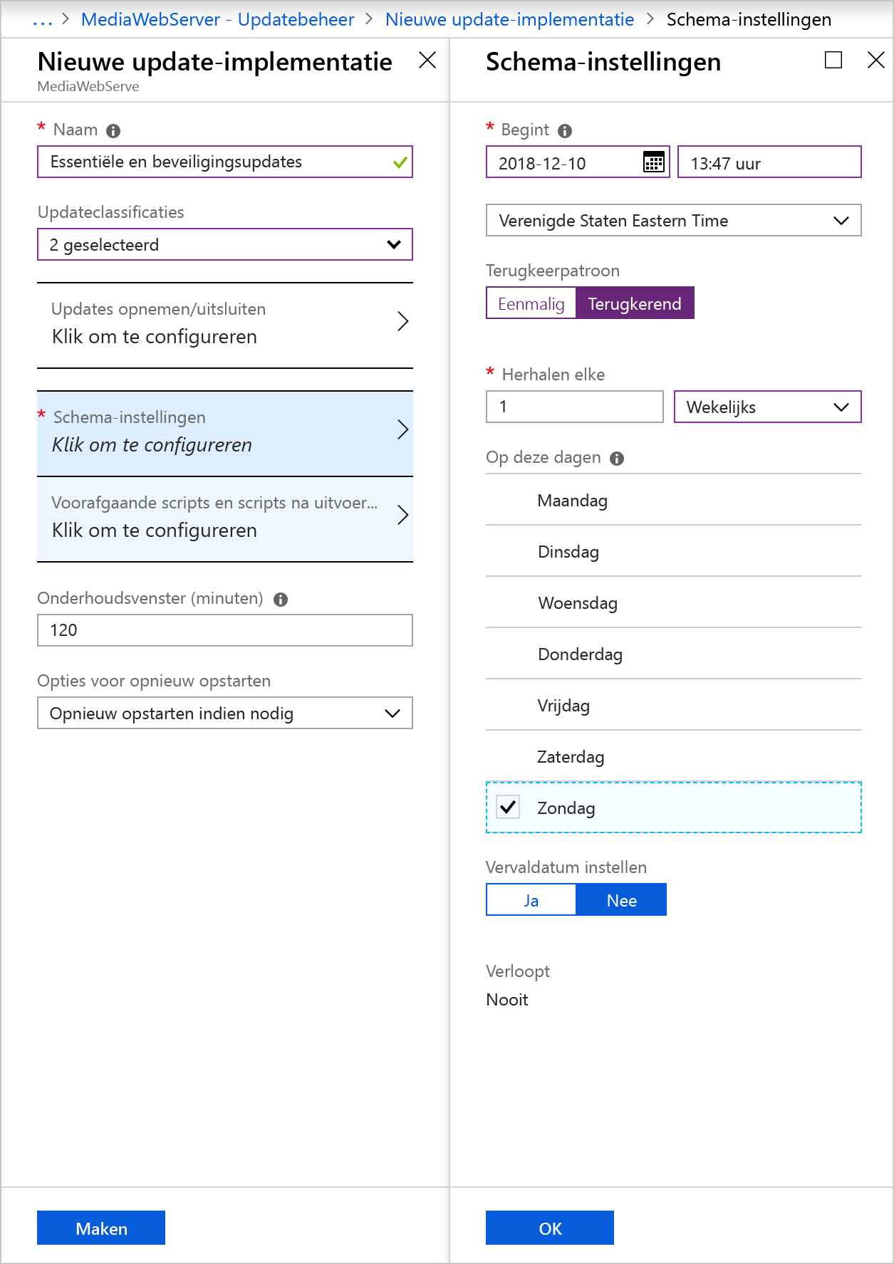 Schermopname met de pagina Implementatie van nieuwe updates en de pagina Planningsinstellingen waarop de velden zijn ingevuld zoals in de tabel is beschreven.