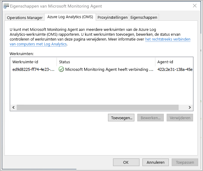 Schermopname van het tabblad Azure Log Analytics (OMS) met het statusbericht.