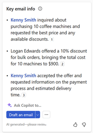 Screenshot of key customer activity information and Copilot prompt to draft an email.