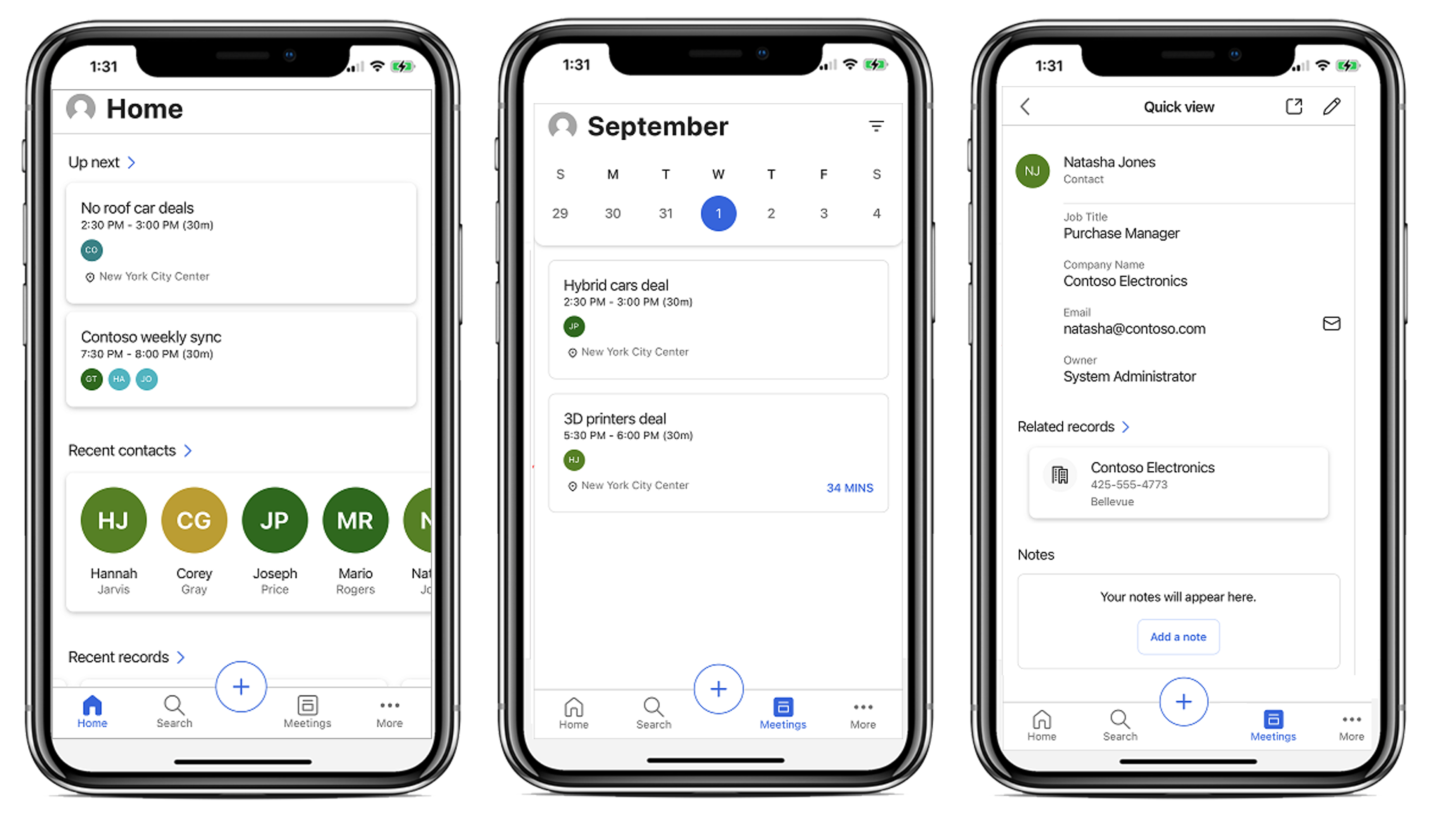 Screenshot of the Home, Month, and Quick views on the Dynamics 365 Sales mobile app.