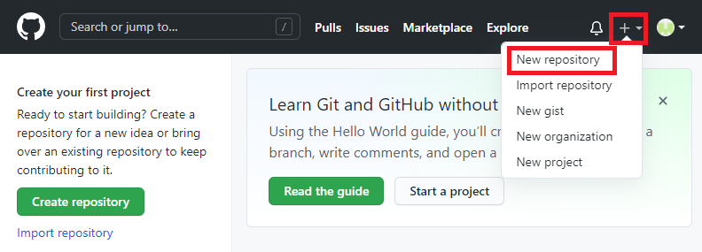 Schermopname van de GitHub-interface met het menu voor het maken van een nieuwe opslagplaats.