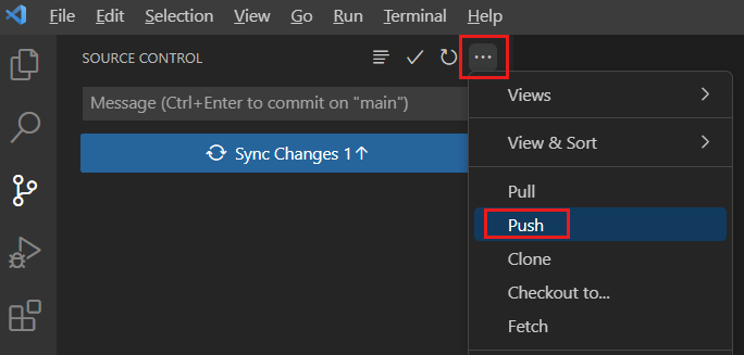 Schermopname van Visual Studio Code met het menu Broncodebeheer, met het menu-item Push gemarkeerd.