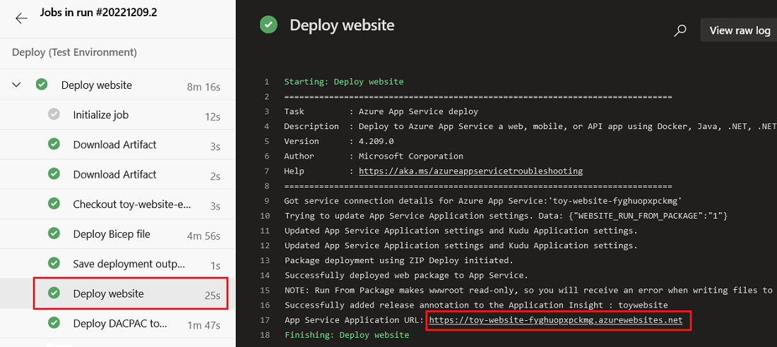 schermopname van Azure DevOps met het pijplijnuitvoeringslogboek voor de implementatiefase van de testomgeving. De URL van de App Service-app is gemarkeerd.