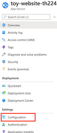 Schermopname van Azure Portal met de App Service-app en het menu-item Configuratie.