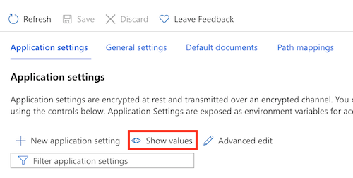 Schermopname van Azure Portal met de App Service-app-instellingen en de knop voor het weergeven van waarden.