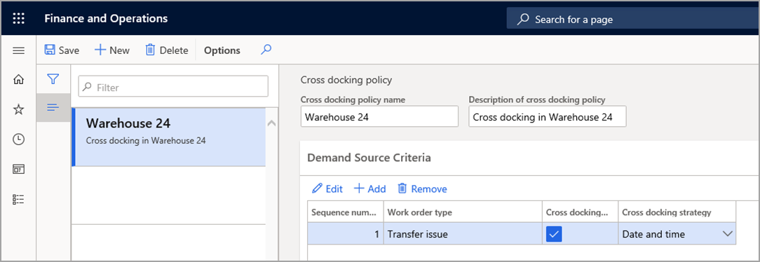 Screenshot of the Warehouse management Cross-docking policy field.