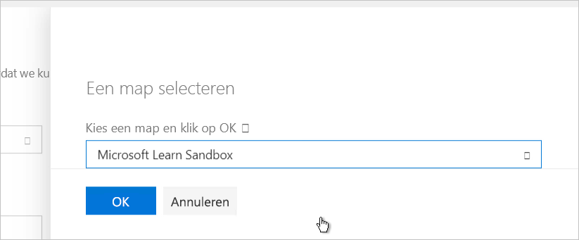 Schermopname van het scherm waarin u een map selecteert, met Microsoft Learn Sandbox geselecteerd.