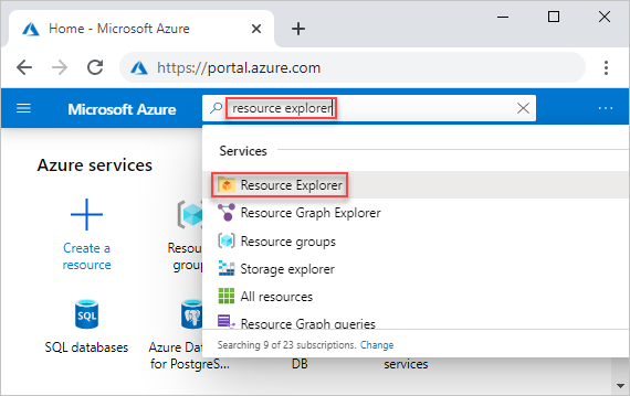 schermopname van Azure Portal waarin het zoekvak wordt weergegeven waarin resourceverkenner is ingevoerd.