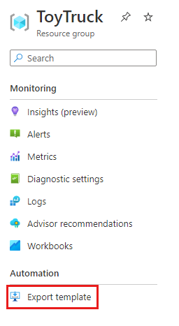 Schermopname van Azure Portal met het menu-item Sjabloon exporteren in het deelvenster Resourcegroep.