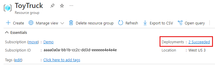 Schermopname van Azure Portal waarin de resourcegroep wordt weergegeven. De koppeling 2 Geslaagd is gemarkeerd.