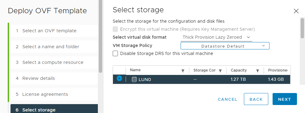 Screenshot of selecting storage for the VMware HCX Connector appliance on-premises.