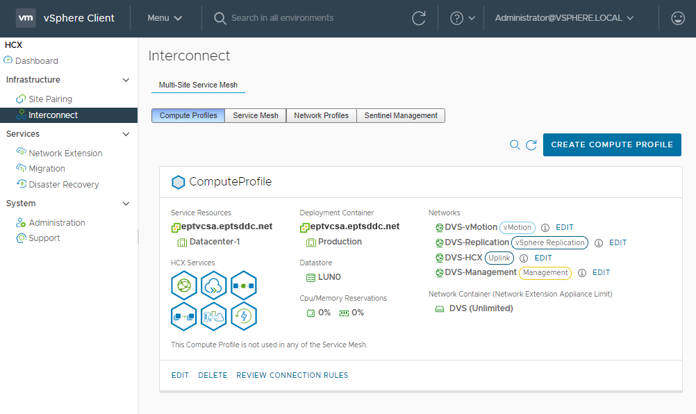 Screenshot showing the compute profile completely configured in the on-premises HCX Connector.