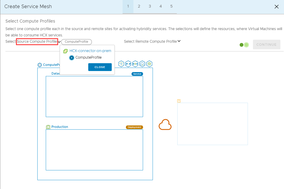 Screenshot that shows selecting the source compute profile in the on-premises HCX Connector.