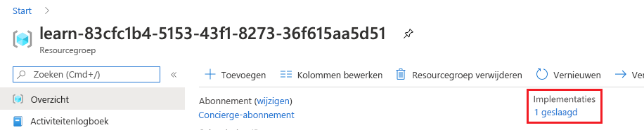 Schermopname van Azure Portal met het overzicht van de resourcegroep. In de sectie Implementaties ziet u dat één implementatie is geslaagd.