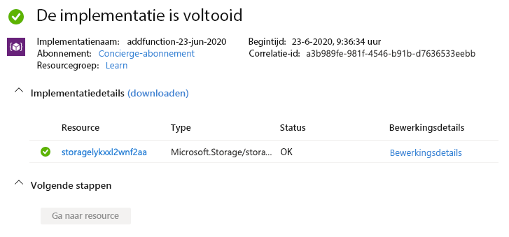 Schermopname van Azure Portal met het overzicht van het geïmplementeerde opslagaccount.