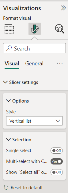 Schermopname van een slicer met het pictogram pijl-omlaag geselecteerd en een contextmenu.