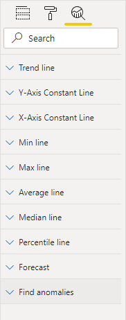 Afbeelding van het deelvenster Analyse. Secties bevatten trendlijn en vele andere lijntypen.