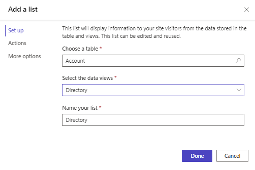 Screenshot of create list dialog with account table and directory view selected.