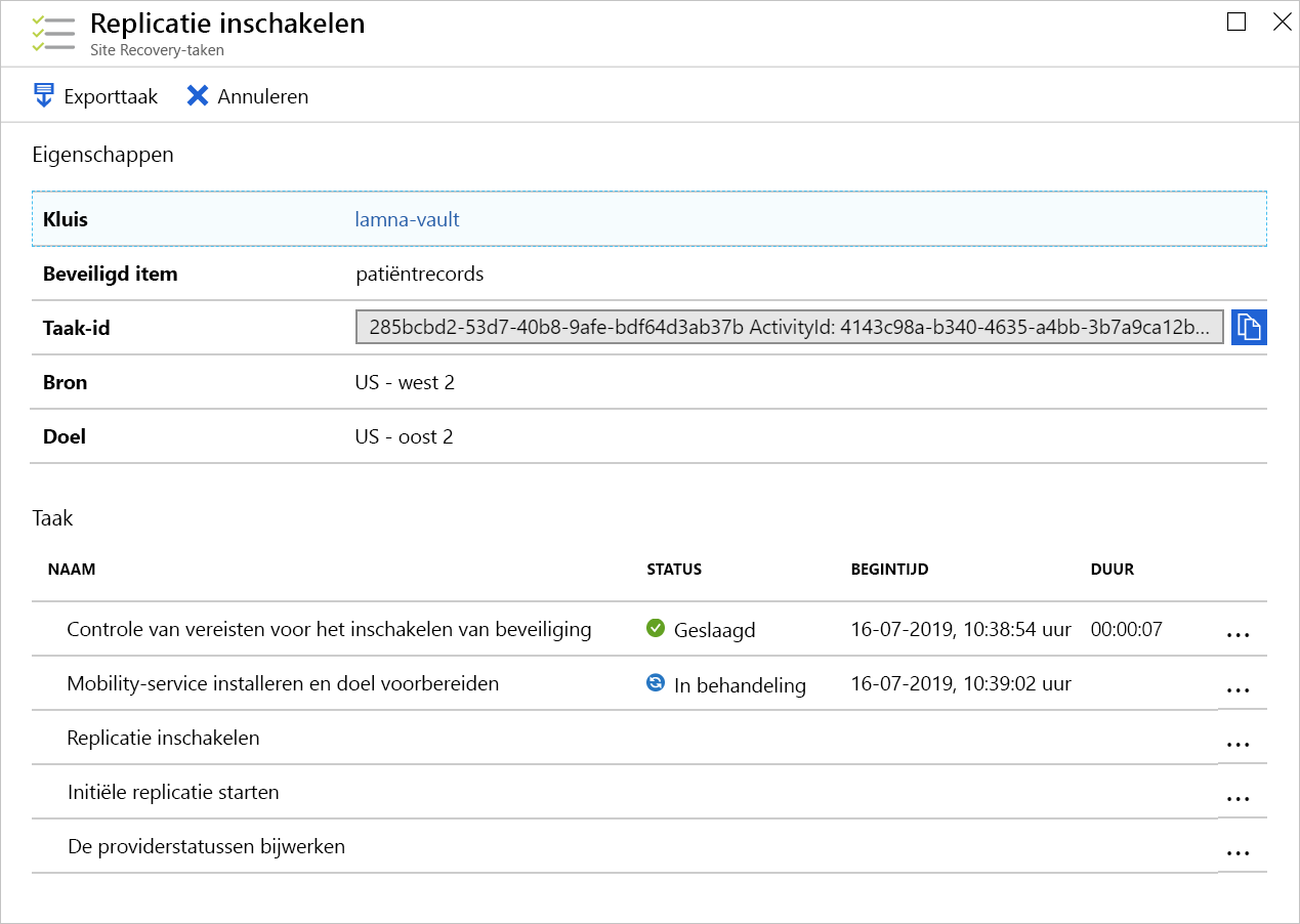 Screenshot of the Enable replication job's progress.