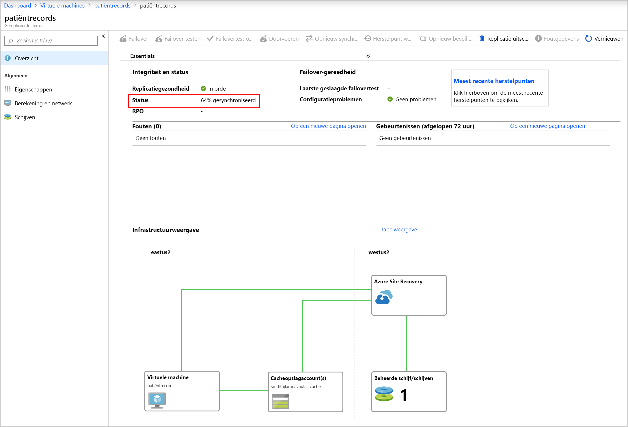 Schermopname van de status van de VM met patiëntenrecords, met het percentage gesynchroniseerd.