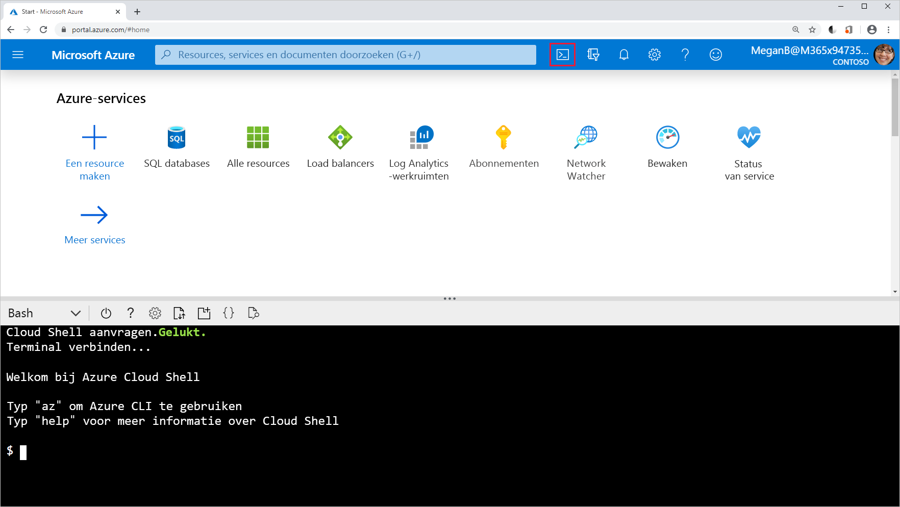 Schermopname van het Cloud Shell-pictogram in Azure Portal.