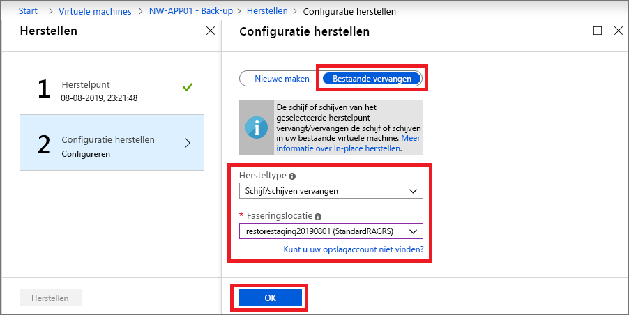 Schermopname van de configuratieopties voor herstellen.