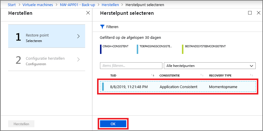 Schermopname van het selecteren van een herstelpunt.