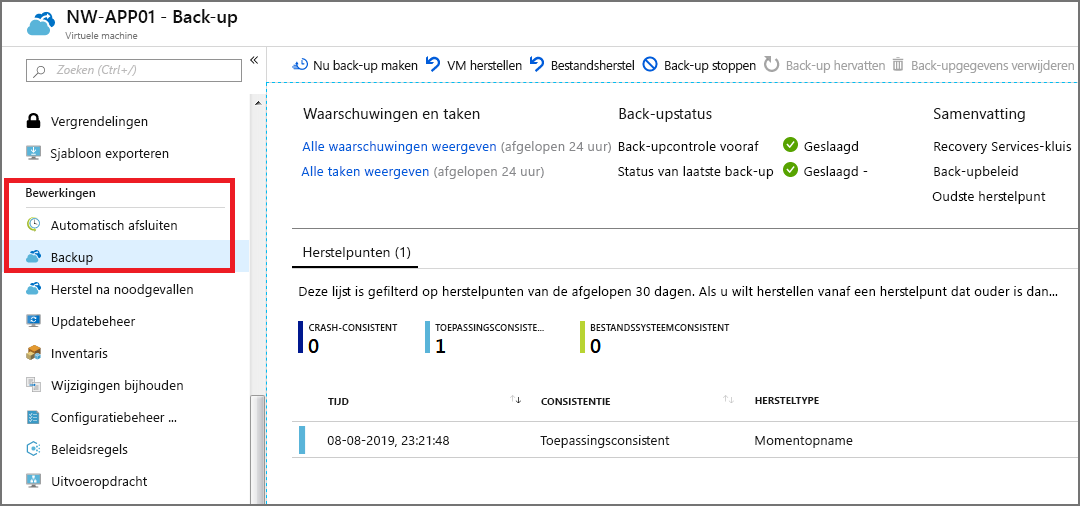 Schermopname van de back-upbewerking voor een virtuele machine.