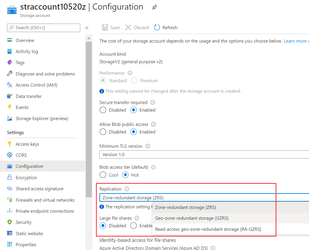 schermopname van de configuratie van het opslagaccount, waarin u het replicatietype kunt wijzigen van ZRS in GZRS.