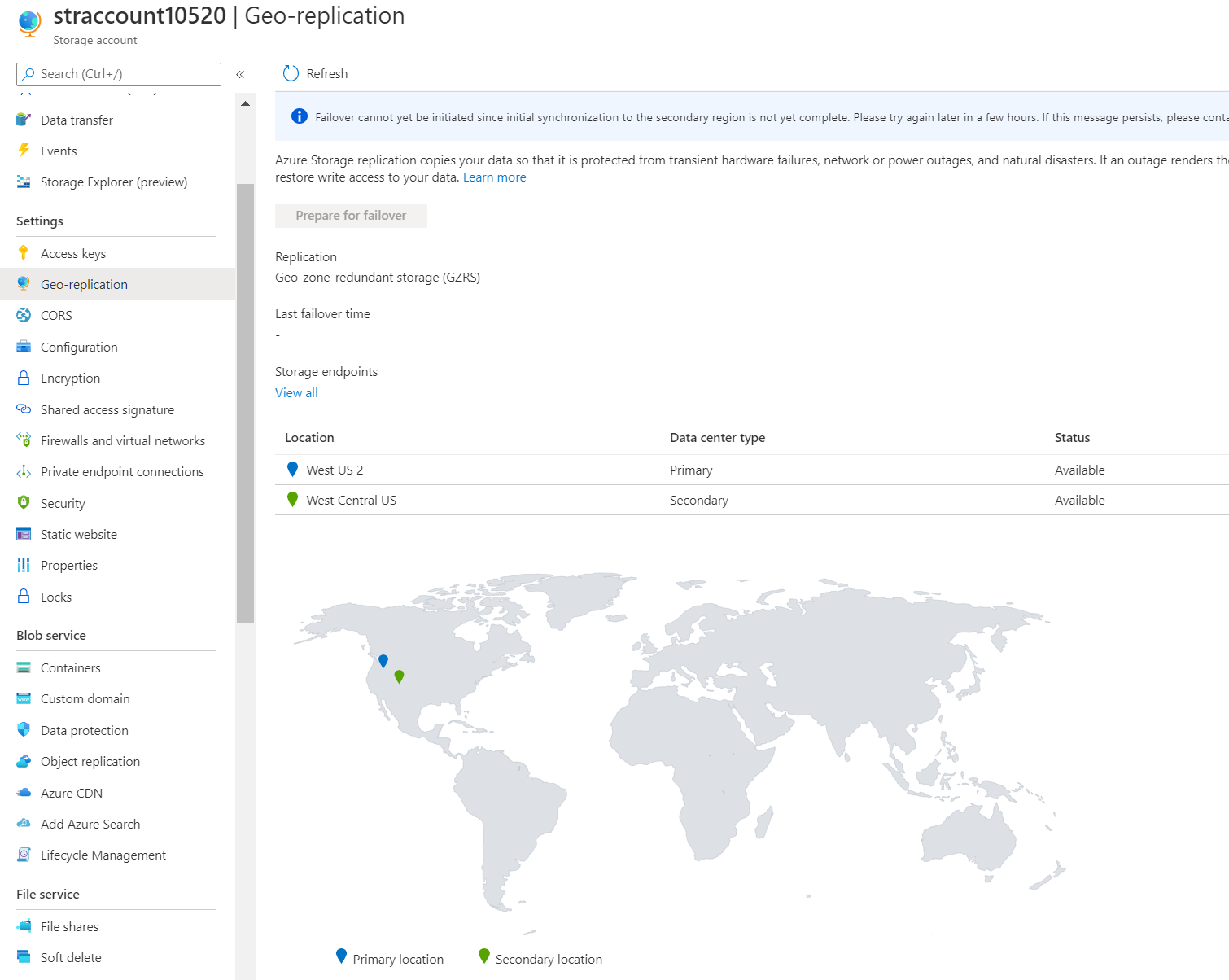 Screenshot of the geo-replication map that shows the primary and secondary locations available.