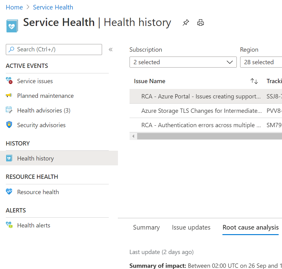 Schermopname van azure Service Health > Health-geschiedenis waarin problemen worden vermeld die van invloed zijn op uw abonnementen.