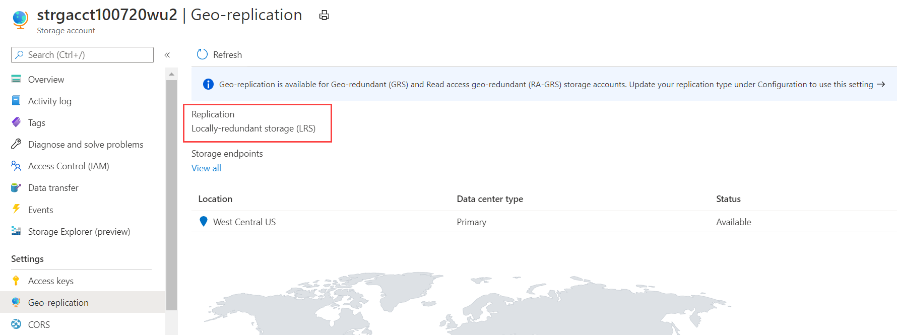 Screenshot of the geo-replication page that shows the replication type is now LRS and data is stored in one location.