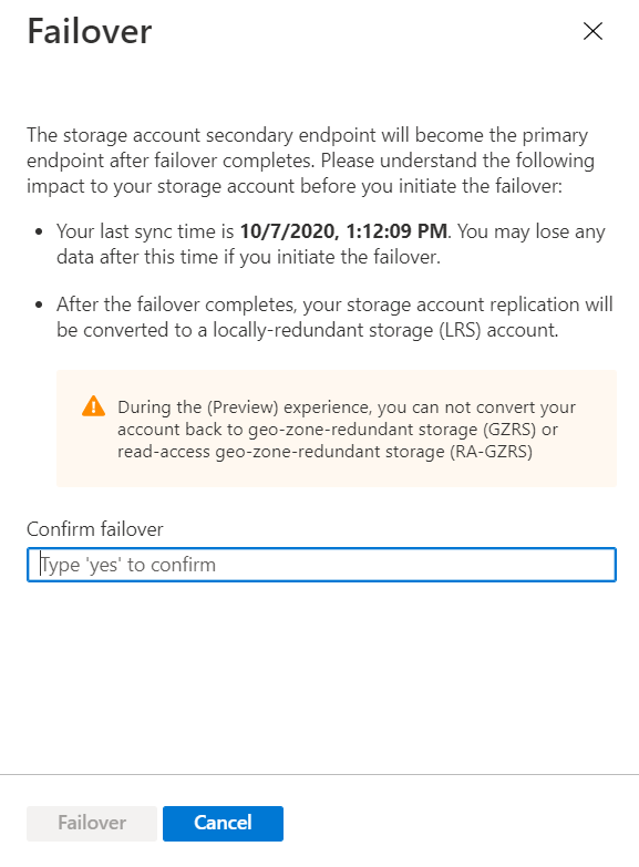 Screenshot that shows the last sync time and requests you confirm failover by entering yes.