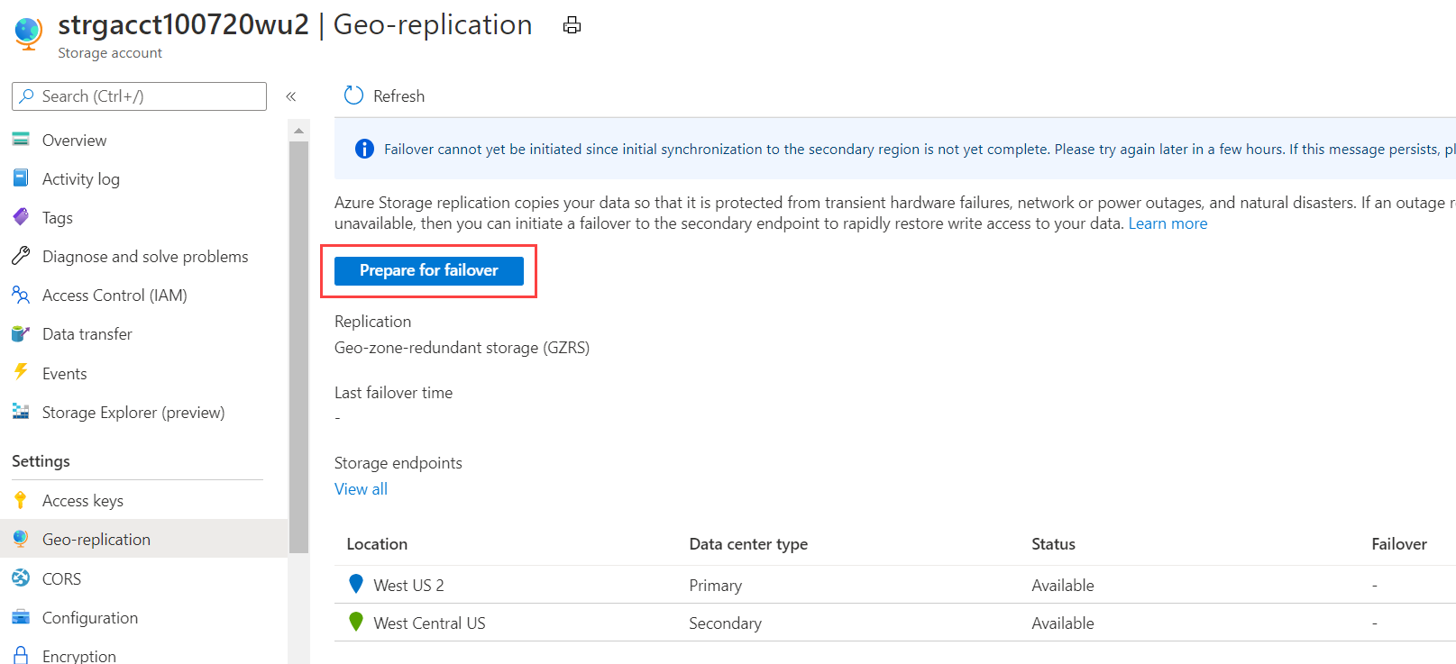 Screenshot of the Prepare for failover button at the bottom of the geo-replication page.