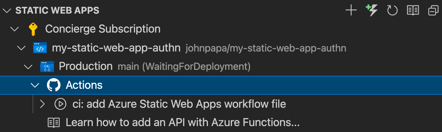 Schermopname van het menu GitHub Actions in VS Code.