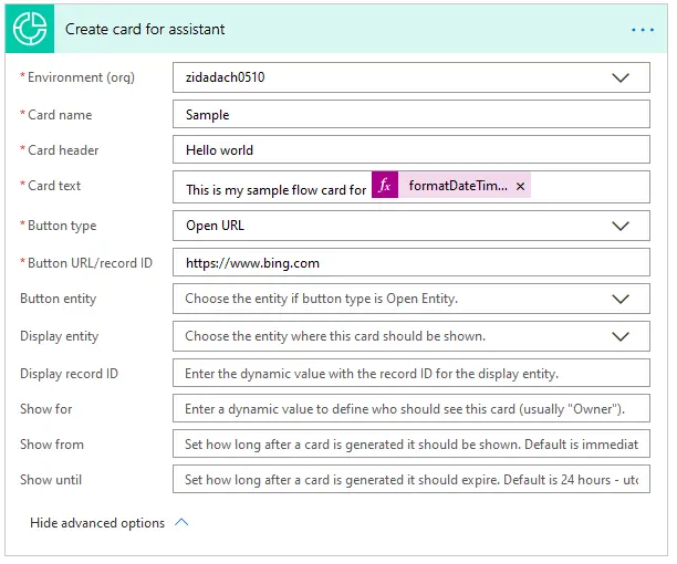 Create card for assistant with all required columns filled and advanced options showing.