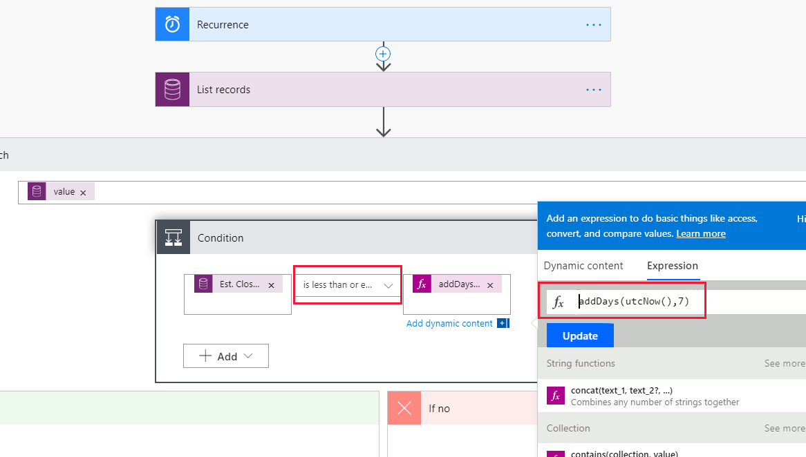 Close condition is set to is less than or equal to, and addDays(utcNow(),7) is on the Dynamic content Expression tab.