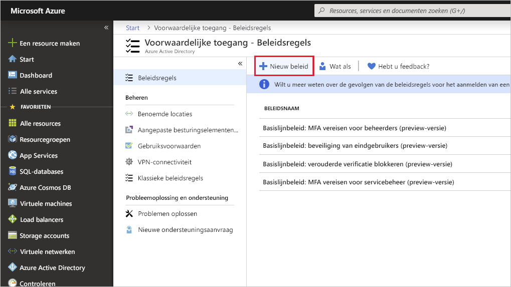 Schermopname met de knop Nieuw beleid gemarkeerd in Azure Portal.