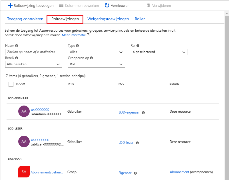 Schermopname van het tabblad Roltoewijzingen voor de geselecteerde resourcegroep.